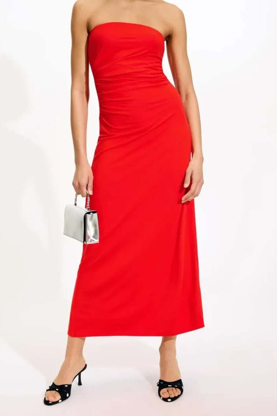 Favorite Daughter Collette Strapless Ruched Maxi Dress Small Red Elegant Chic